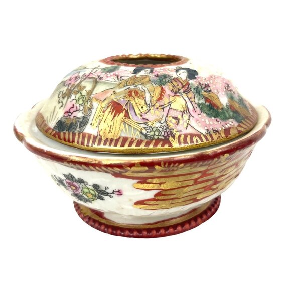 Antique Hand Painted Japanese Kutani Covered Rice Bowl With Lid Intricate Geisha - Picture 1 of 11